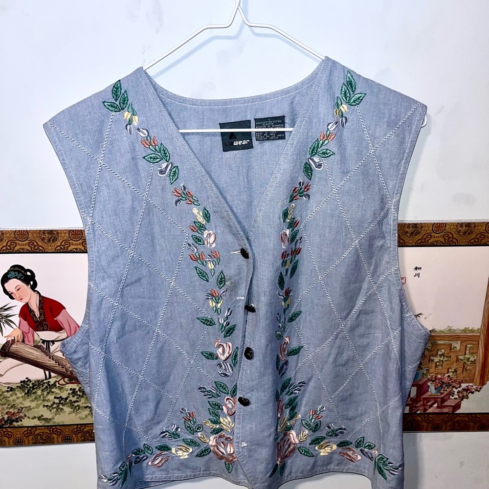 Blue Button Down Vest With Floral Embroidery and White Stitching
